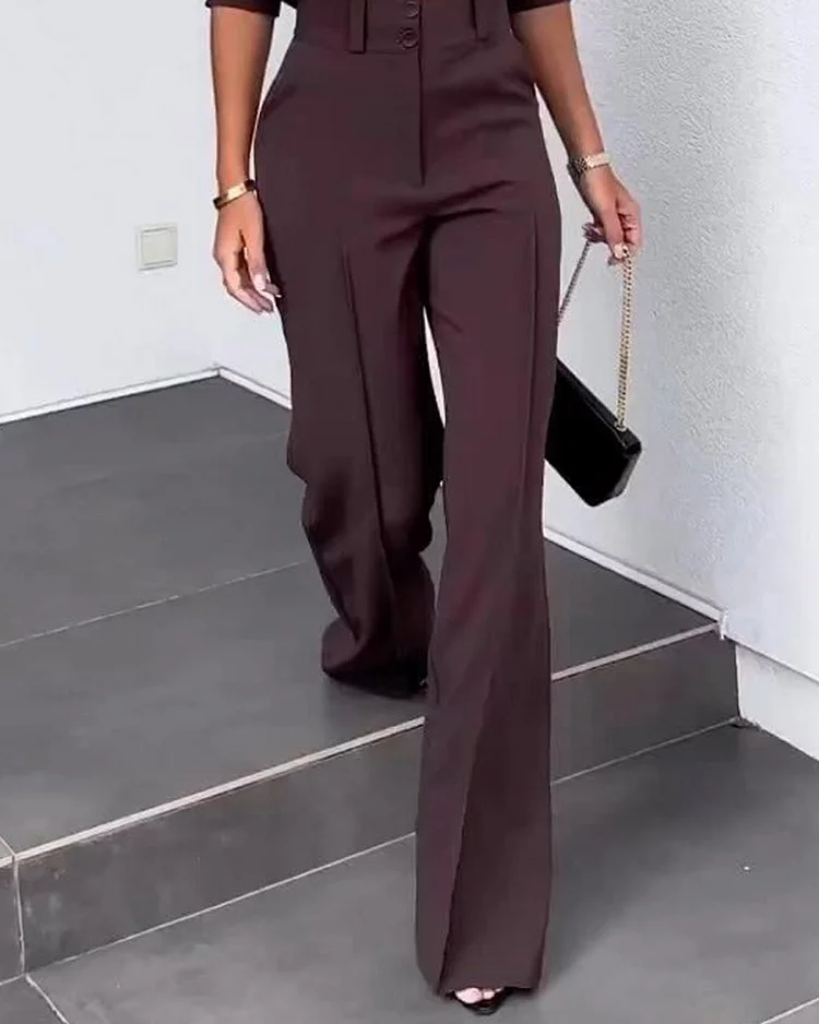 Ensemble veste et pantalon droit taille haute de couleur unie